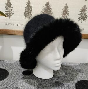 Black Angora Blend Winter Hat with Real Fur Trim | One Size | Warm & Classic
